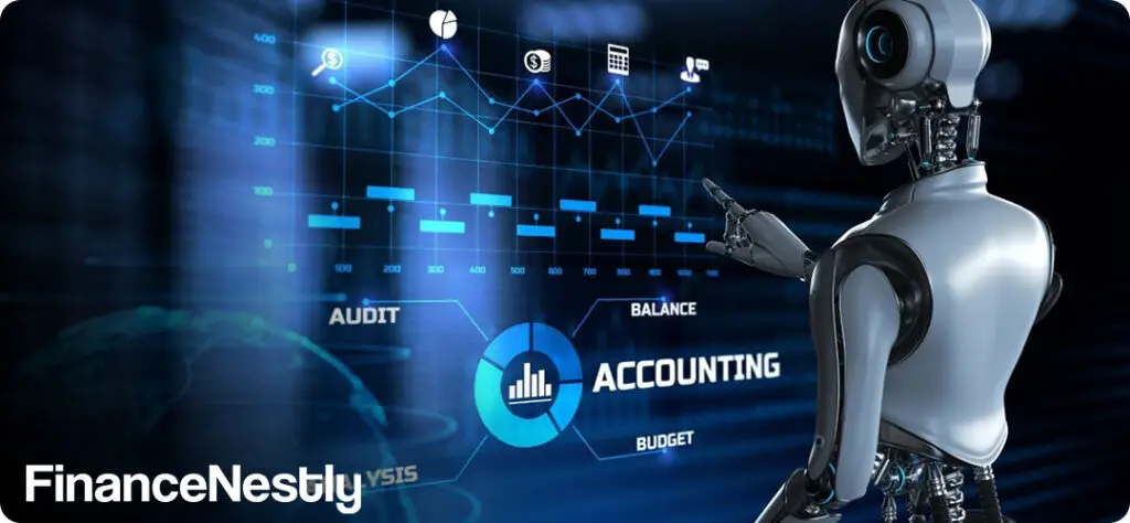 Robotic arm alongside financial analysts, symbolizing automation in banking operations