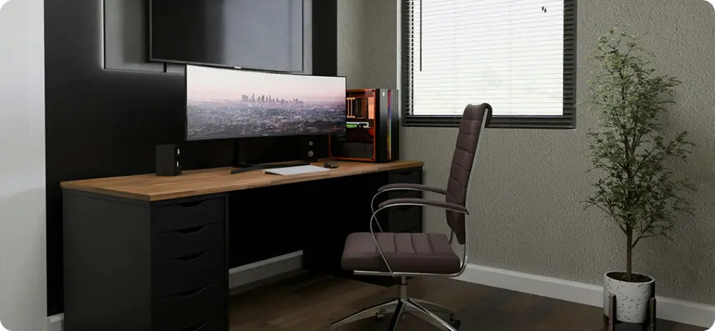 A modern home office setup with a computer and organized workspace, representing tax deductions for remote work