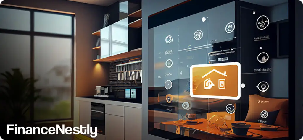 Smart home devices including a thermostat, security camera, and smartphone app interface in a modern living room