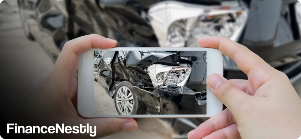 A mobile app interface showing a customer uploading a car damage photo for instant claims processing using AI technology